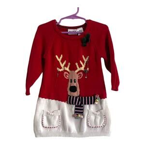 3/$15Blueber Boulevard Crew Neck Red Christmas Reindeer Dress Size 4 100% Cotton